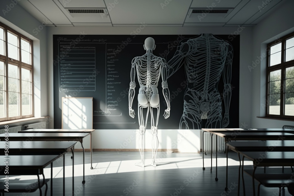 Poster a classroom with a skeleton and a skeleton on the wall classroom assemblage science education