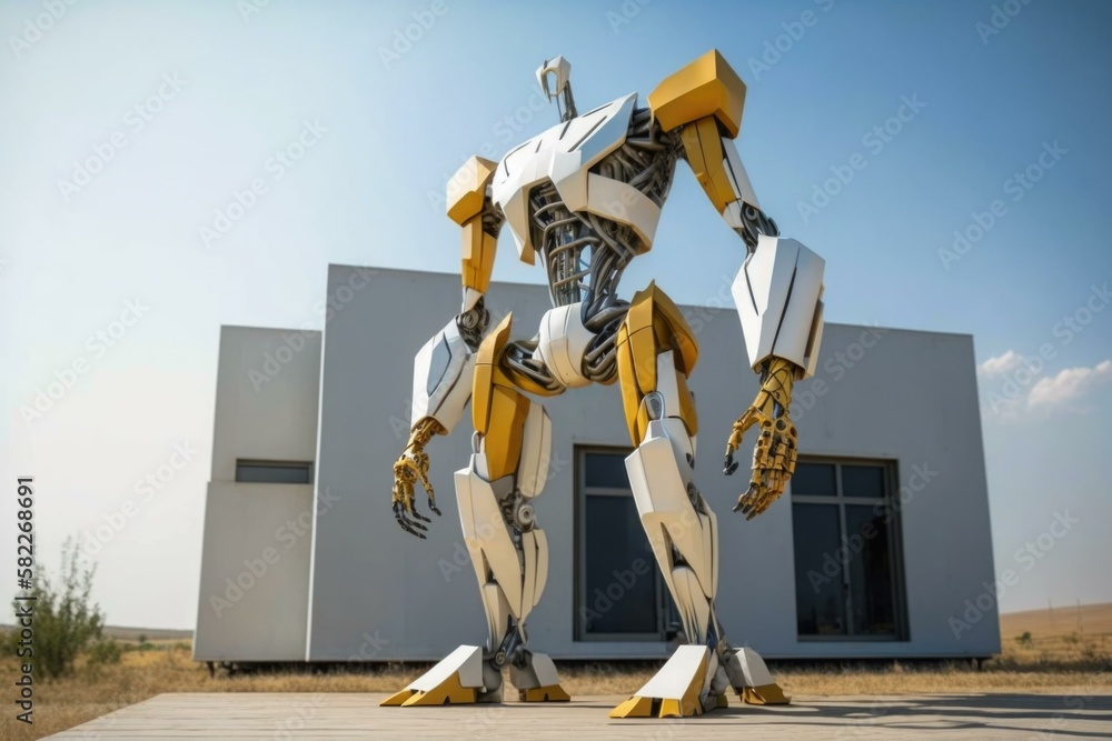 Poster a robot standing in front of a building with a building in the background car repair shop kinetic ar
