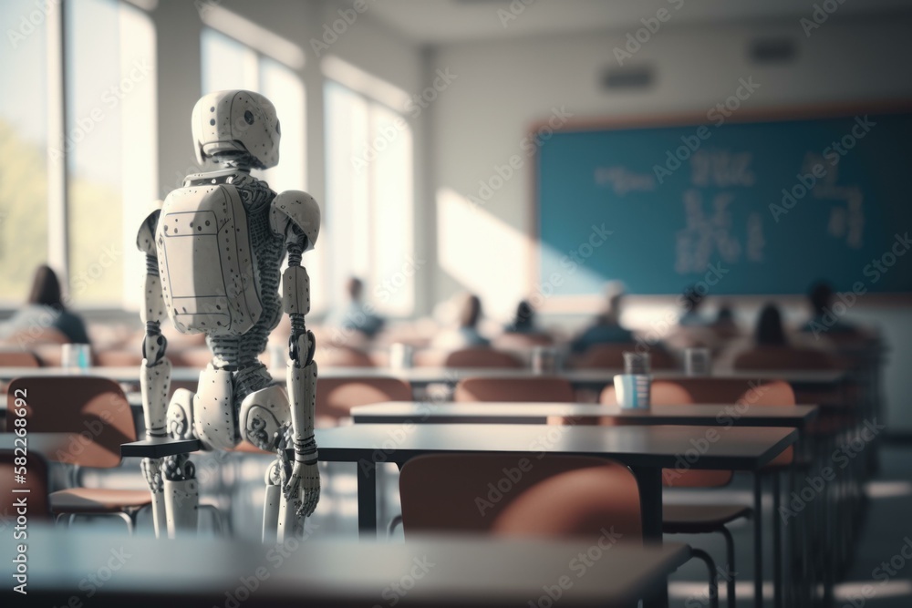 Poster a robot standing in a classroom with a chalkboard in the background classroom stereoscopic photograp