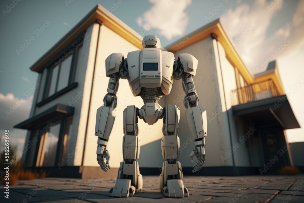 Poster a robot standing in front of a house with a sky background military base photorealism robotics engin