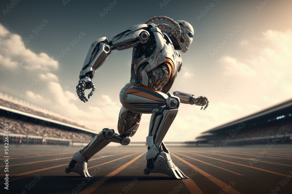 Poster a robot running on a track in a stadium sports bar sports photography robotics engineering generativ