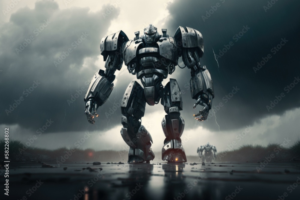Poster a group of robots standing in a field with a storm in the background military base photorealism robo