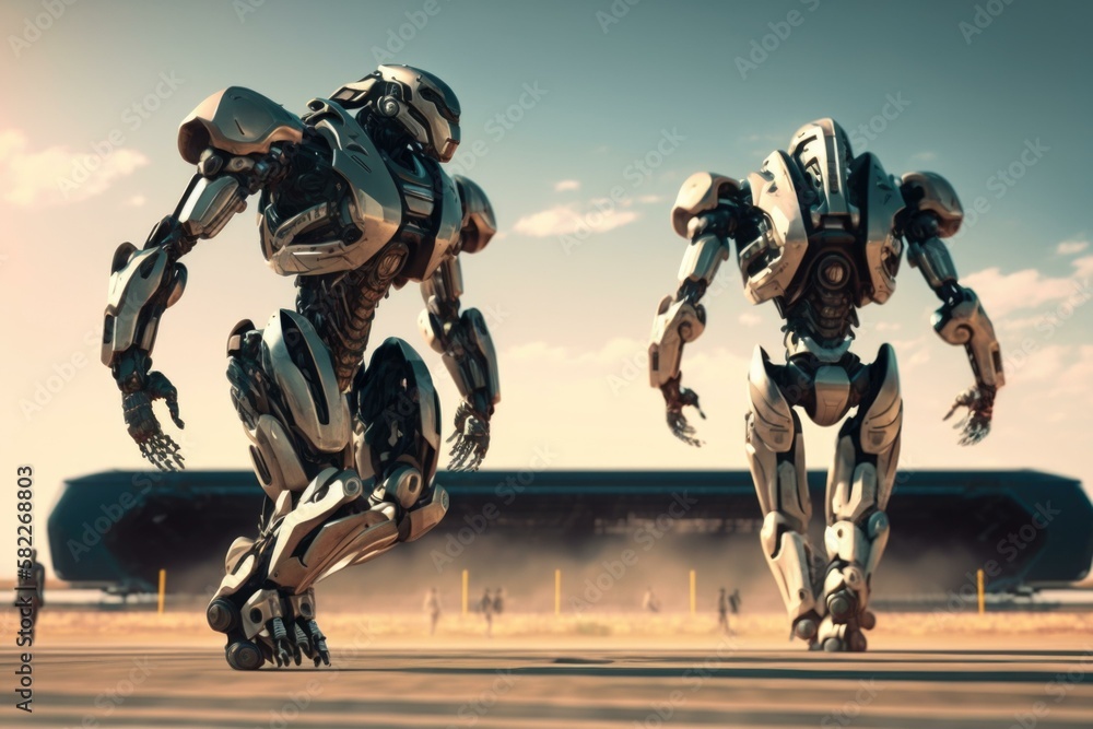 Poster a futuristic robot is running across a runway in front of a building military base animation robotic
