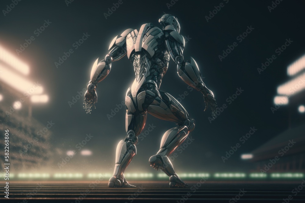 Poster a robot is running on a track in a stadium car repair shop animation robotics engineering generative