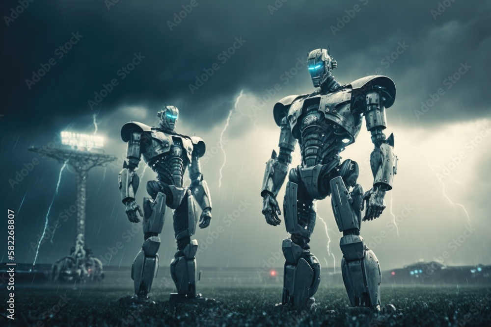 Poster two robots standing in a field with a lightning in the background factory animation robotics enginee