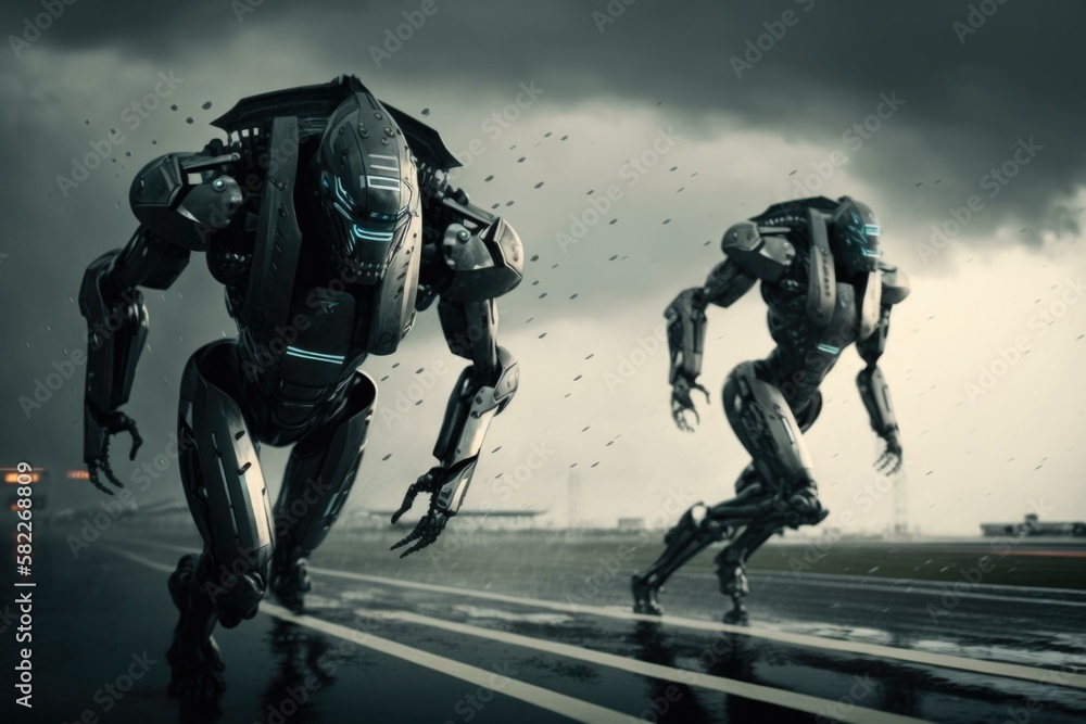 Poster two robots are running on a road in the rain military base animation robotics engineering generative