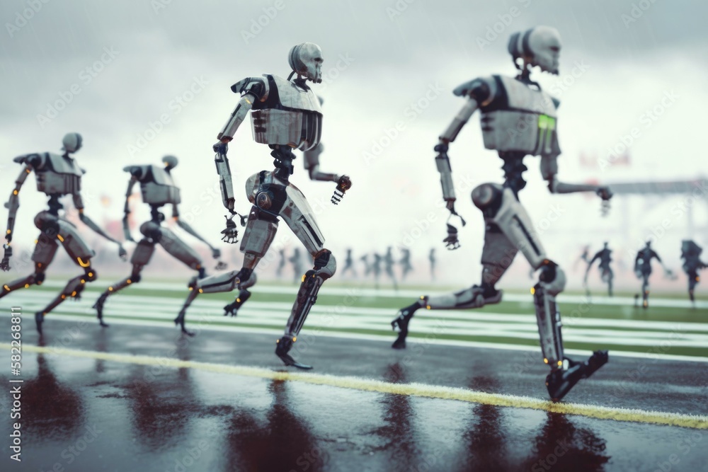 Poster a group of robot running across a wet road factory advertising photography robotics engineering gene