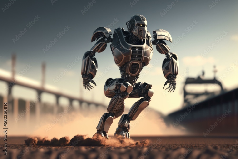 Poster a robot is running across a desert area with a bridge in the background military base animation robo