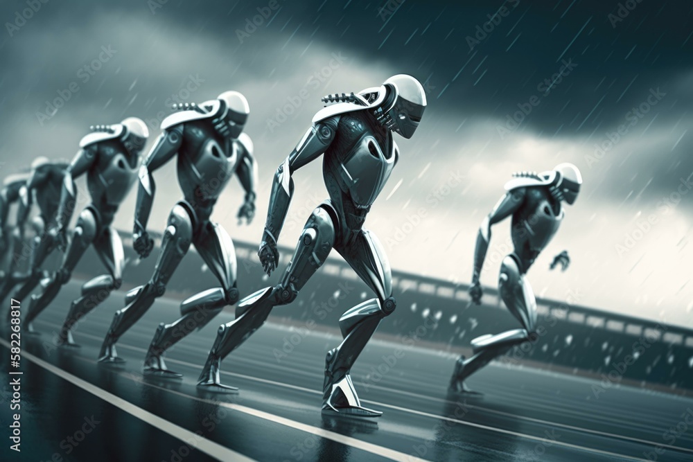 Poster a group of humanoids running across a wet track factory time-lapse photography robotics engineering 