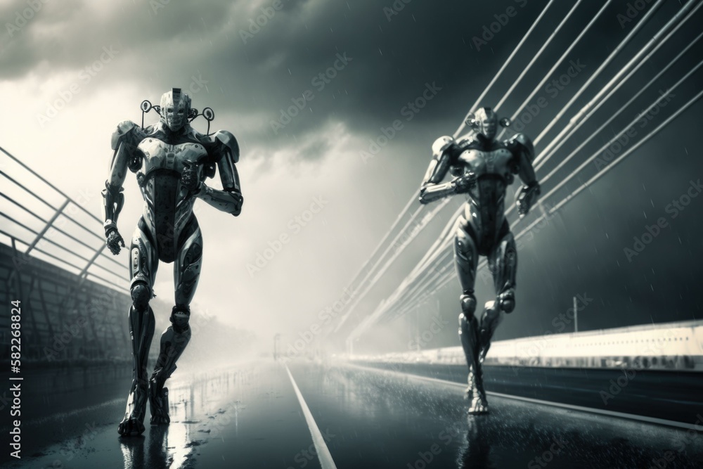 Poster two robots walking down a road in the rain bike path infrared photography robotics engineering gener