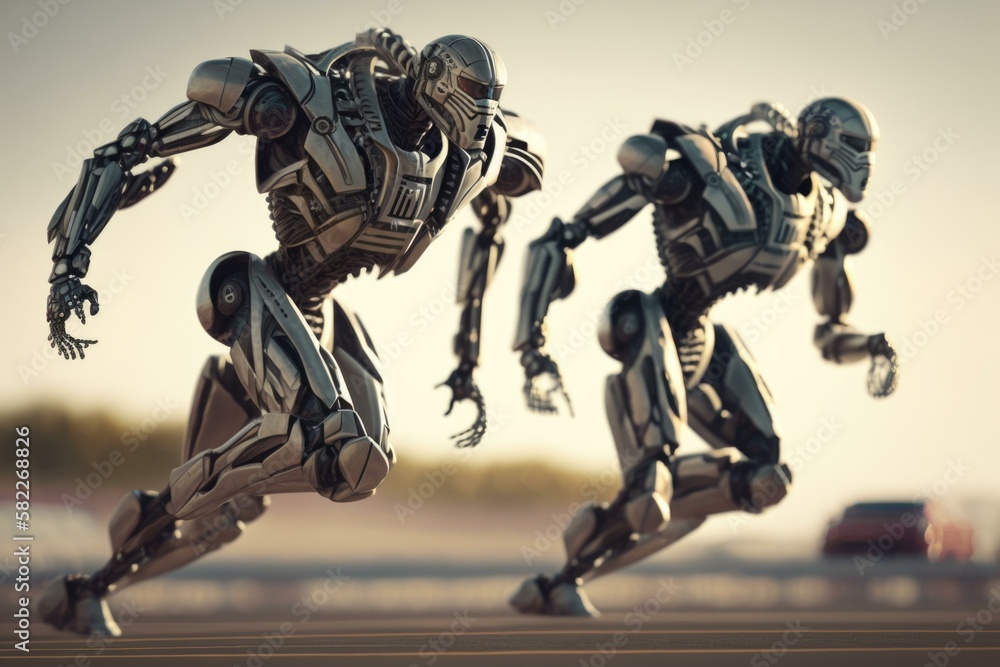 Poster two robots running on a runway in a futuristic setting car dealership animation robotics engineering