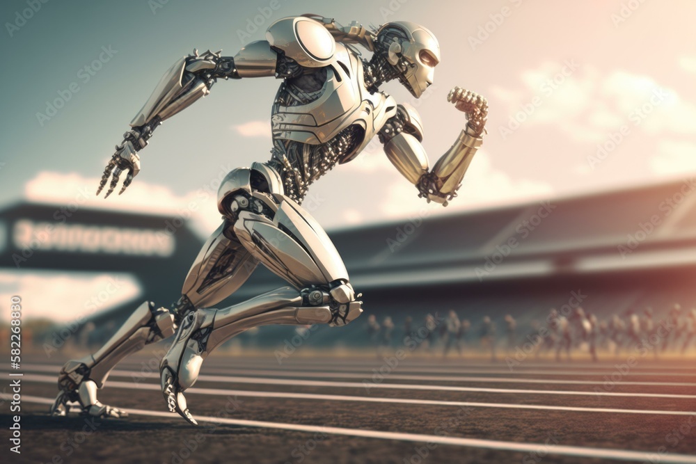 Poster a robot running on a track in a stadium sports bar sports photography robotics engineering generativ