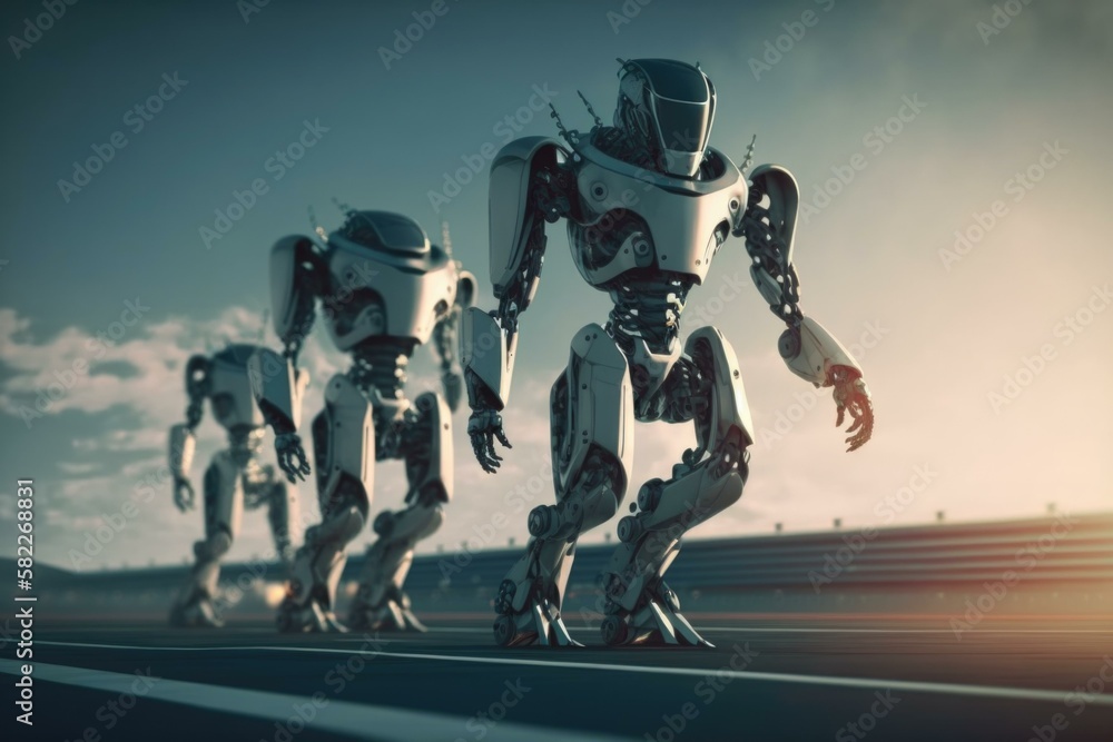 Poster a group of robots walking across a road next to each other arcade animation robotics engineering gen