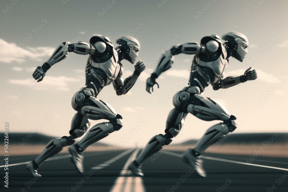 Poster two robots running on a road in a race car dealership time-lapse photography robotics engineering ge