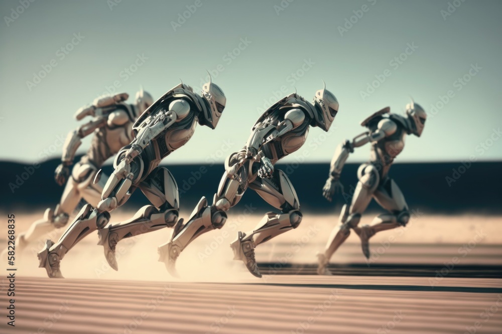 Poster a group of robots running across a desert field military base time-lapse photography robotics engine