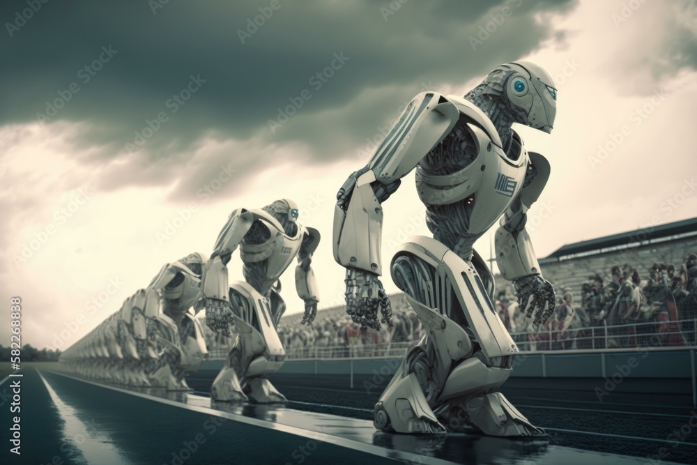 Poster a group of robots are racing on a track stadium advertising photography robotics engineering generat