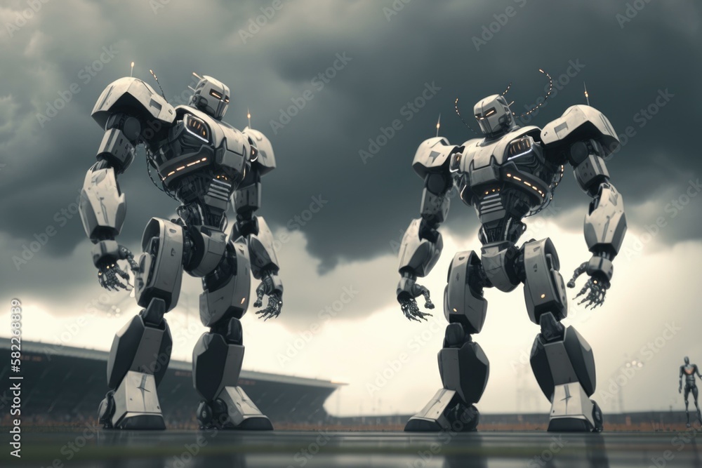 Poster two robots standing in front of a cloudy sky car repair shop animation robotics engineering generati
