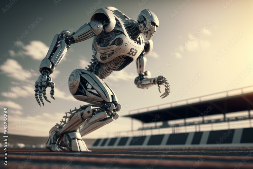 Poster a robot running on a track in front of a stadium sports bar sports photography robotics engineering 