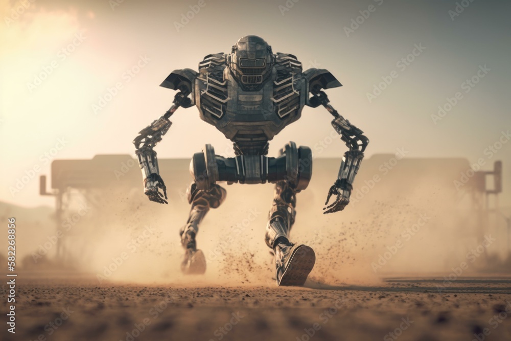 Poster a robot running in the dirt with a sky background desert animation robotics engineering generative a