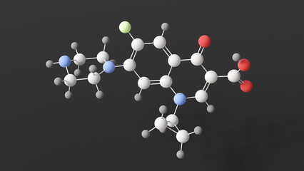 ciprofloxacin molecule, molecular structure, quinolone, ball and stick 3d model, structural chemical formula with colored atoms
