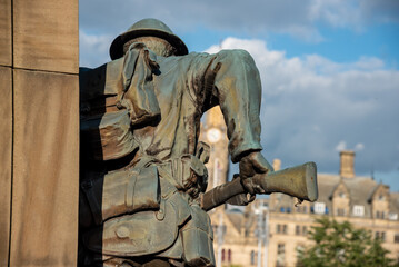 Rear view of War memorial statues in Bradford UK
