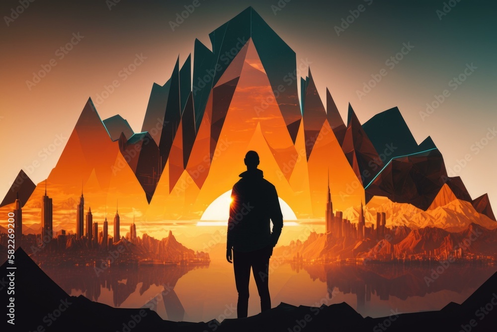 Aufkleber a man standing in front of a mountain with a sunset in the background mountain range at sunrise vide