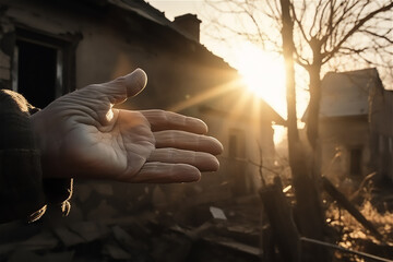 the hand of an elderly person holds the hand of a child against the background of a destroyed house in the backlight