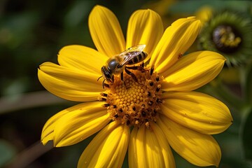 golden Jerusalem artichoke flower with a bee in the center, captured in macro photography. Generative AI