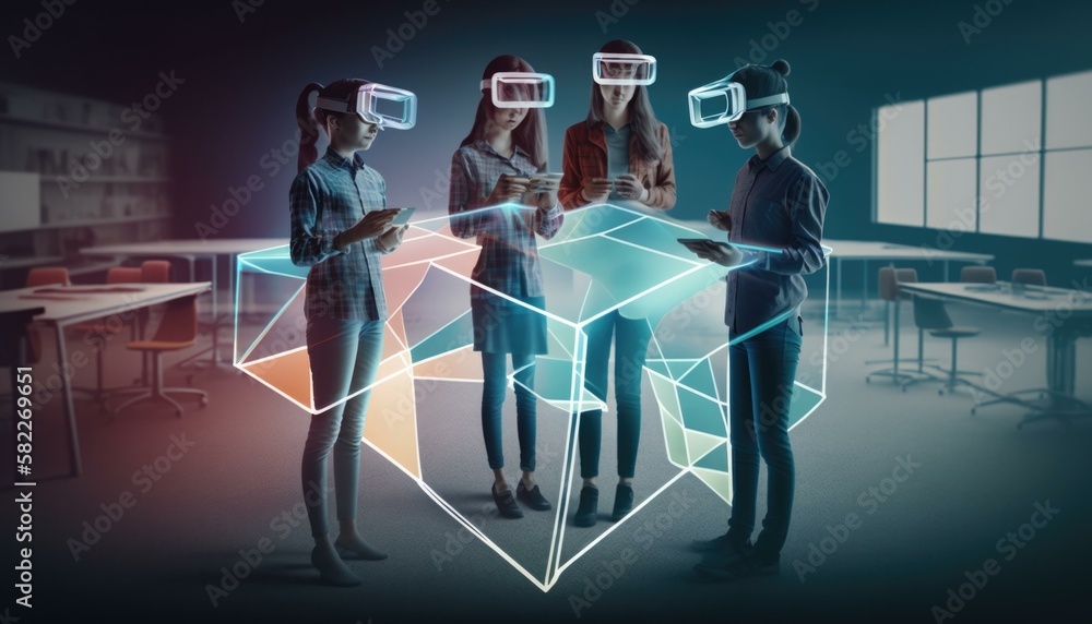 Poster a group of people standing around a table with virtual headsets workshop stereoscopic photography vi