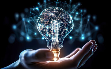 A hand holds a lightbulb with a glowing brain pattern inside, symbolizing ideas and innovation. The background features interconnected lines and dots, suggesting a network or system.AI generated.