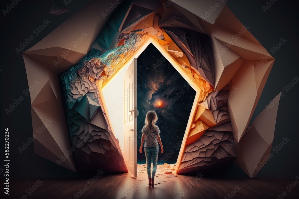 Poster a person standing in front of a doorway with a space in the background workshop surrealism fiction w