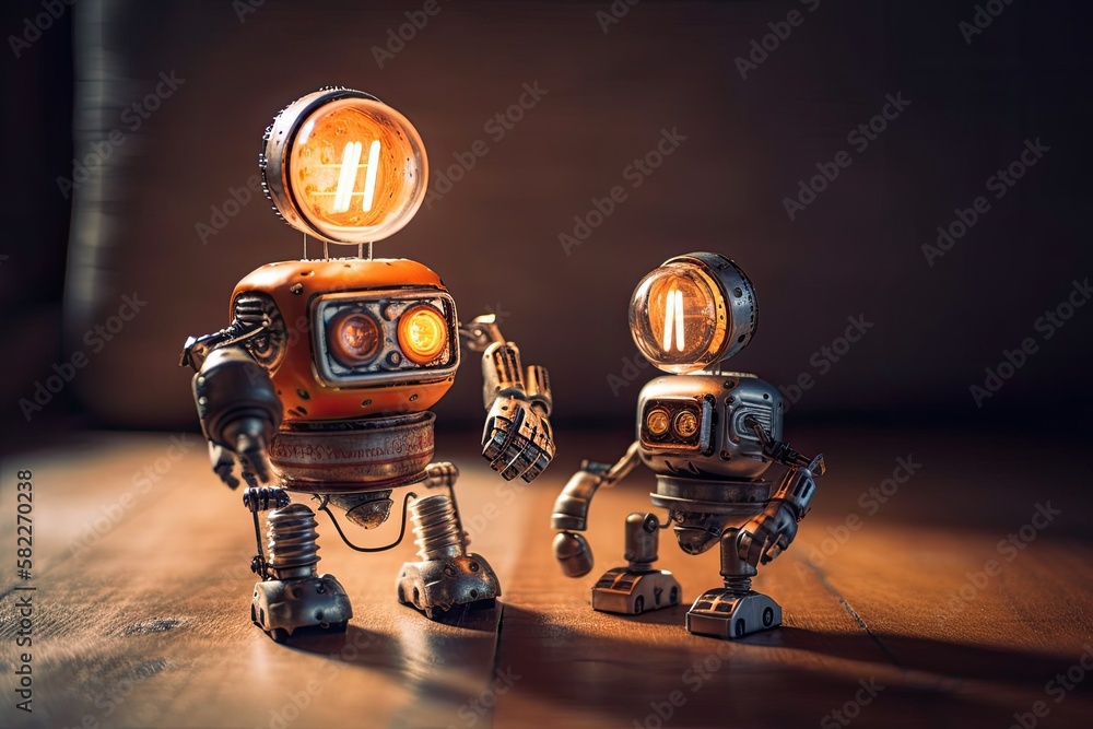 Aufkleber creative design robotics family. big robot and small kid with lamp bulb toy. copy space. generative 