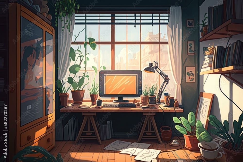 Poster a computer desk with a monitor and a plant bedroom environmental art computer graphics generative ai