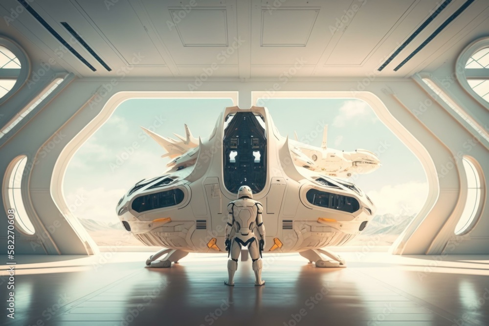 Poster a futuristic looking space station with a robot standing in front of it tundra animation motion grap