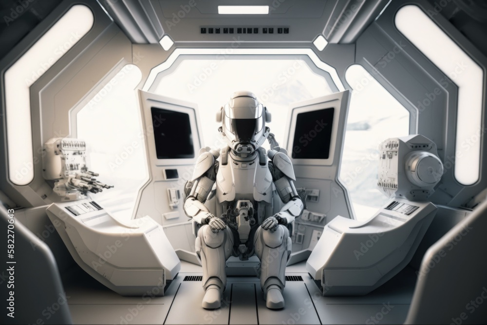 Poster a robot sitting in a space station with a monitor tundra animation robotics engineering generative a