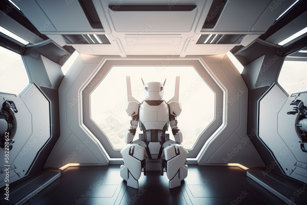 Poster a robot standing in a futuristic looking room with a window factory animation robotics engineering g