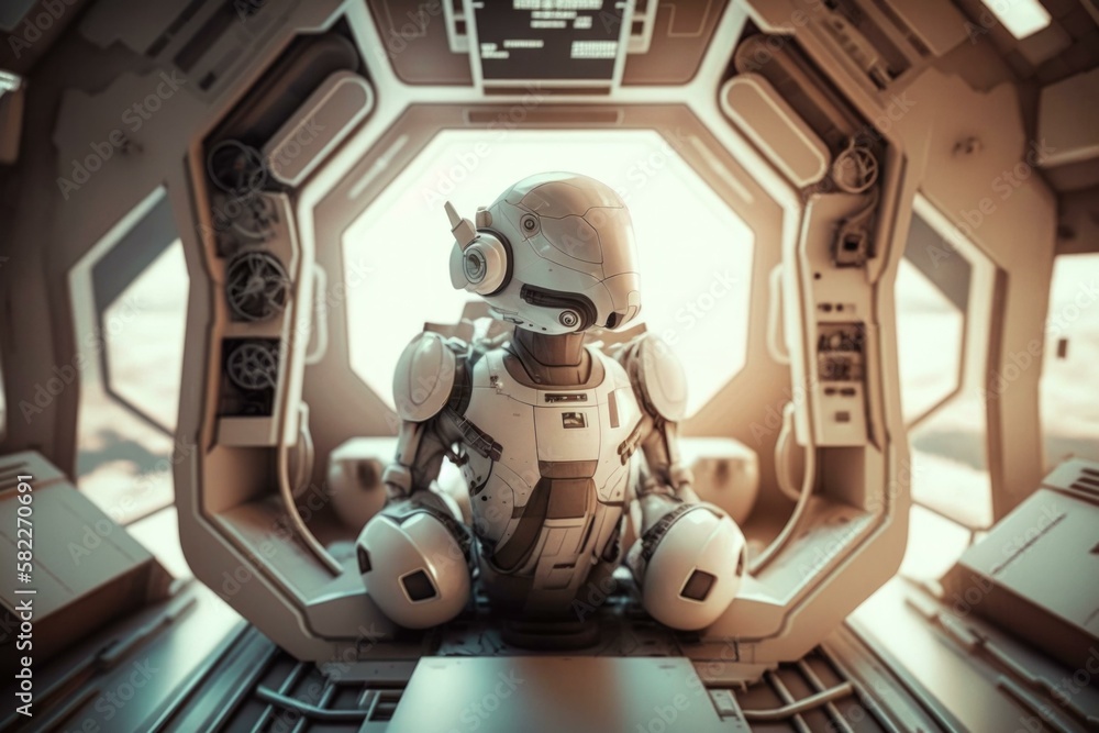 Poster a robot sitting in a space station looking out the window tundra animation artificial intelligence g