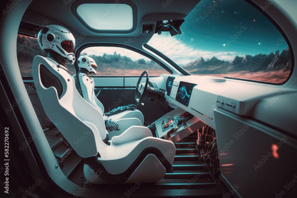 Poster a futuristic car with a steering wheel and a seat gas station animation robotics engineering generat
