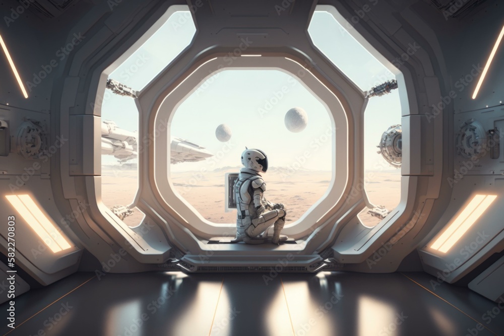 Poster a man sitting in a space station looking out the window lunar landscape photorealism computer graphi