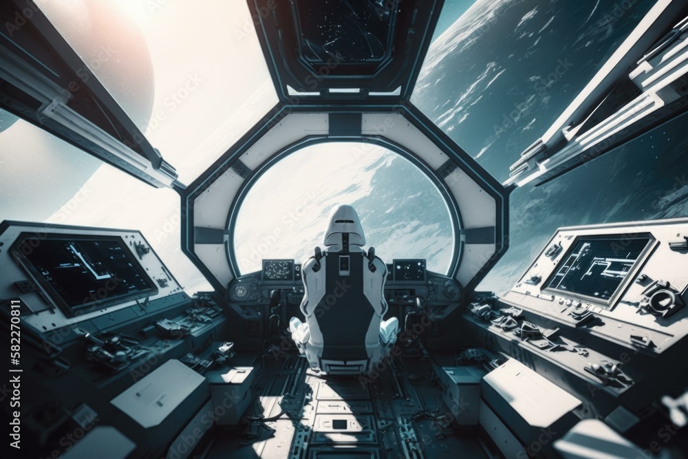 Poster a man sitting in a space station looking out at the earth tundra animation computer graphics generat
