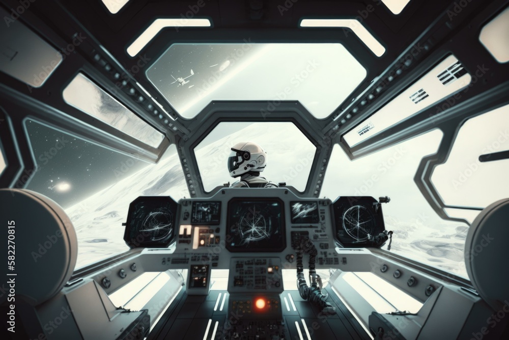 Poster a sci - fi space station with a man in a helmet lunar landscape animation computer graphics generati