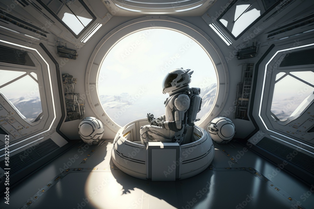 Poster a man sitting in a space station looking out the window tundra photorealism computer graphics genera
