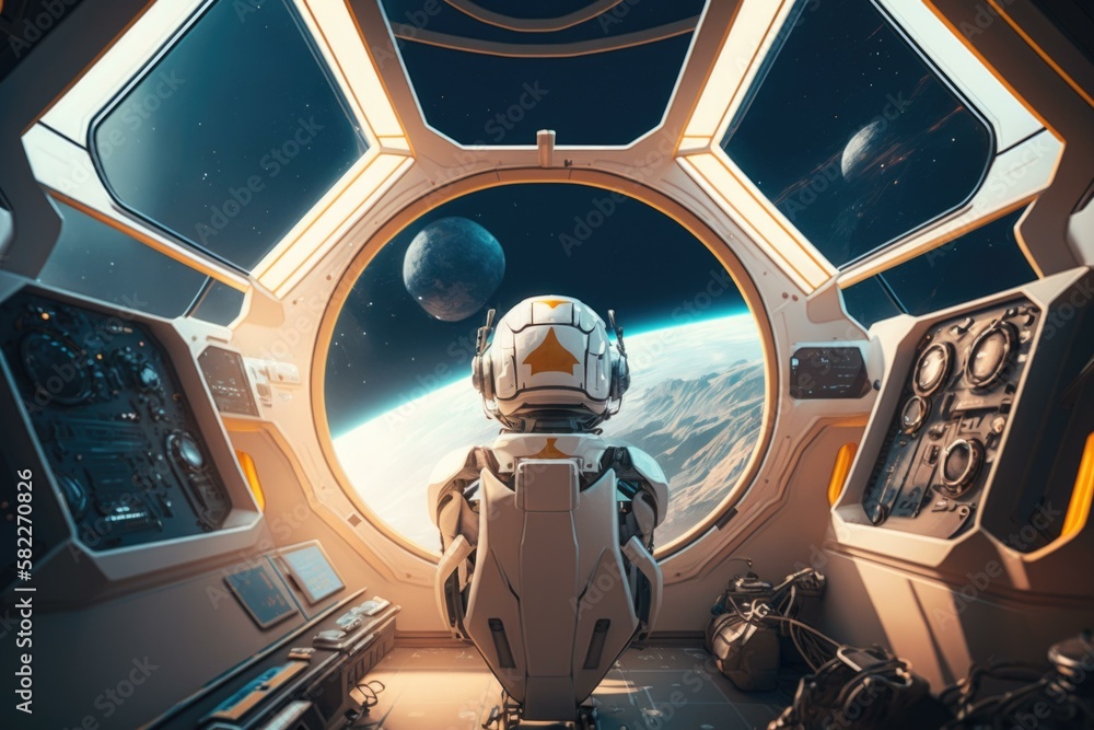Poster a space station with a window and a spaceman looking out lunar landscape animation computer graphics