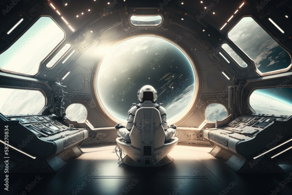 Poster a man sitting in a space station looking out the window lunar landscape animation motion graphics