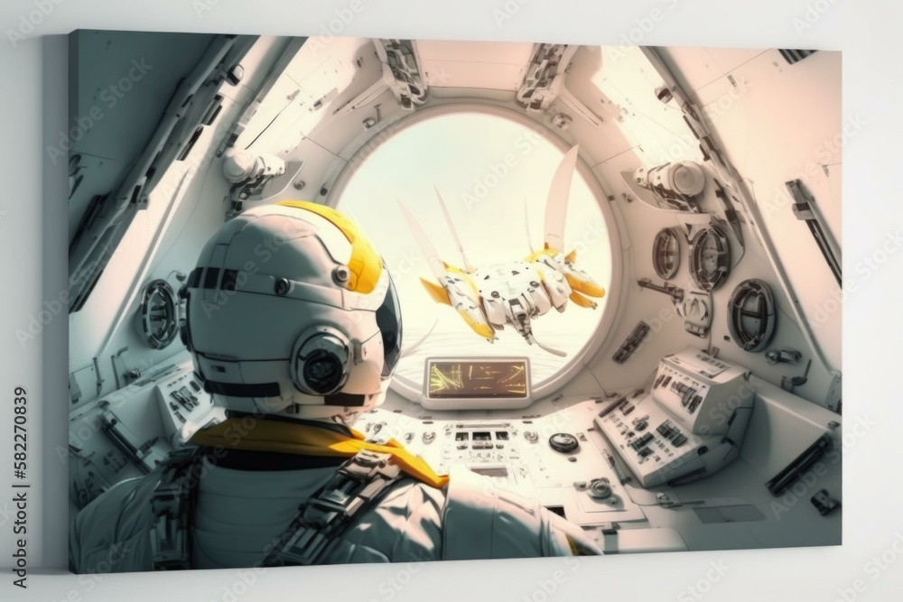 Poster a man in a space suit looking out of a window tundra panoramic photography computer graphics