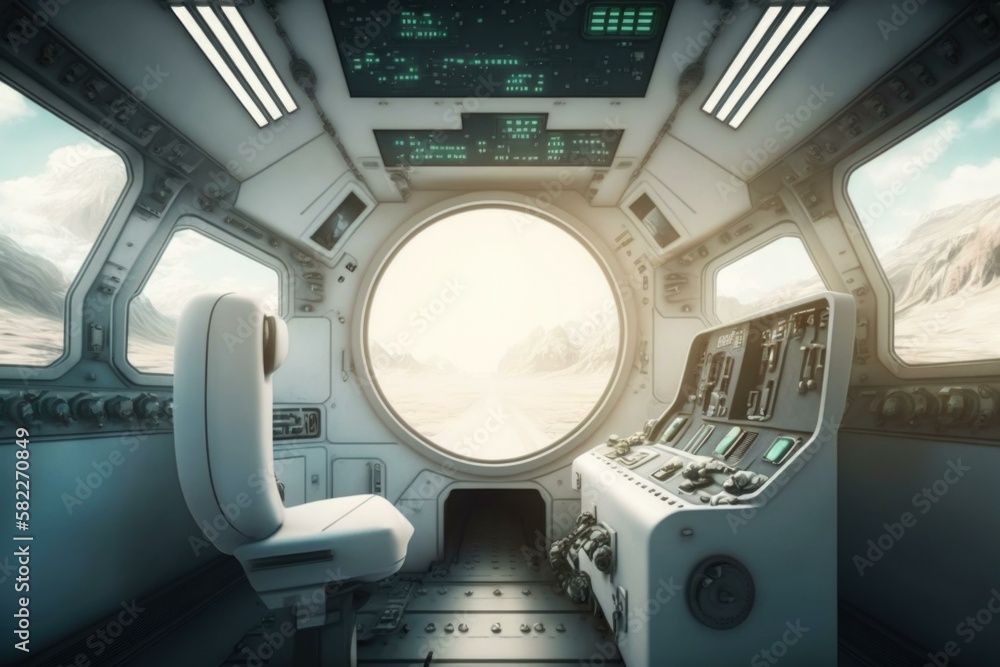 Poster a futuristic looking space station with a window and a seat deep sea trench animation 3d modeling ge