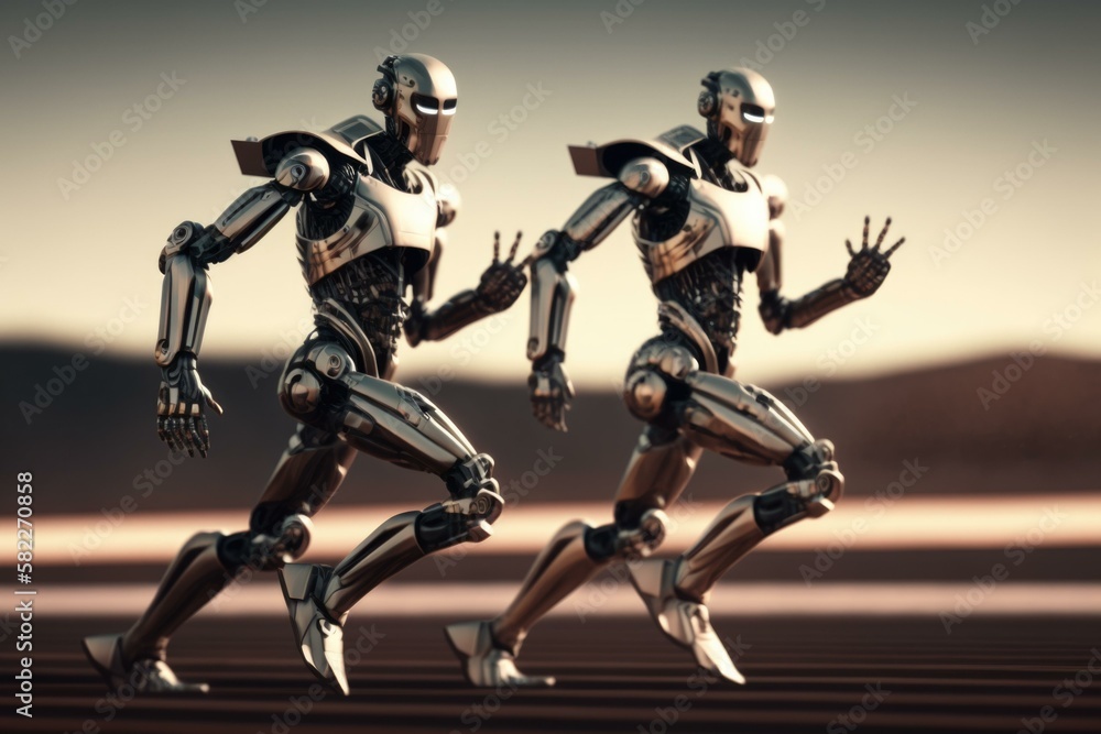Poster two robots running in a desert like environment with mountains in the background factory stereoscopi