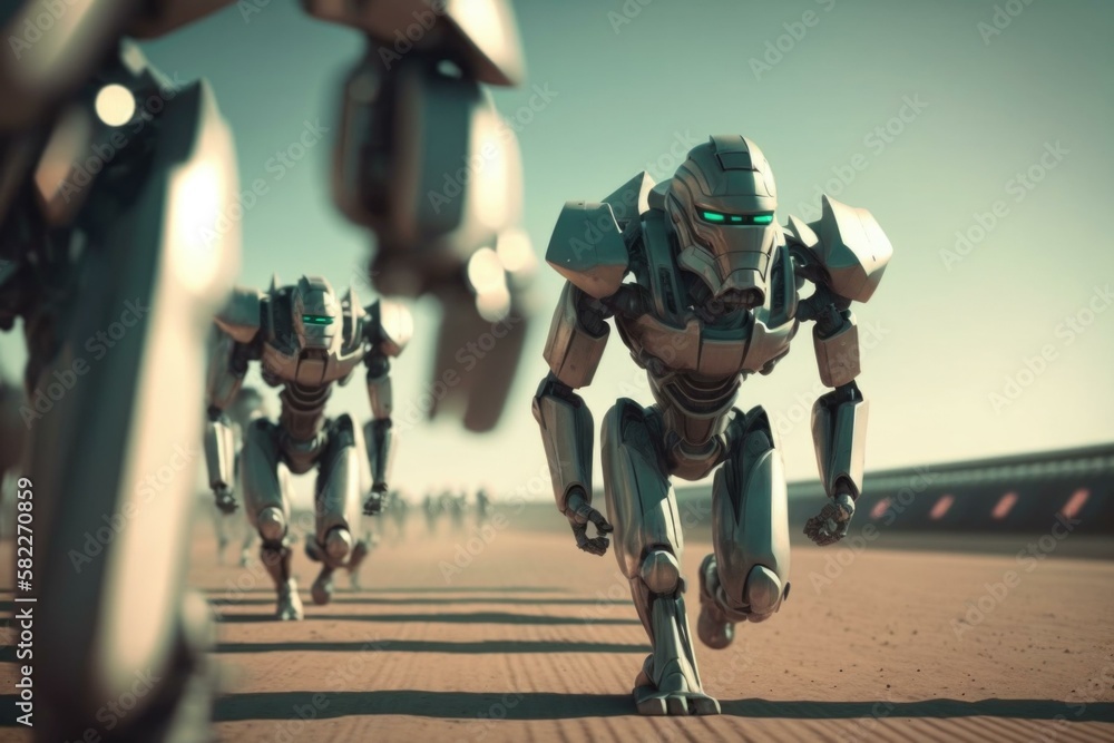 Poster a group of robots walking across a desert covered ground military base animation robotics engineerin