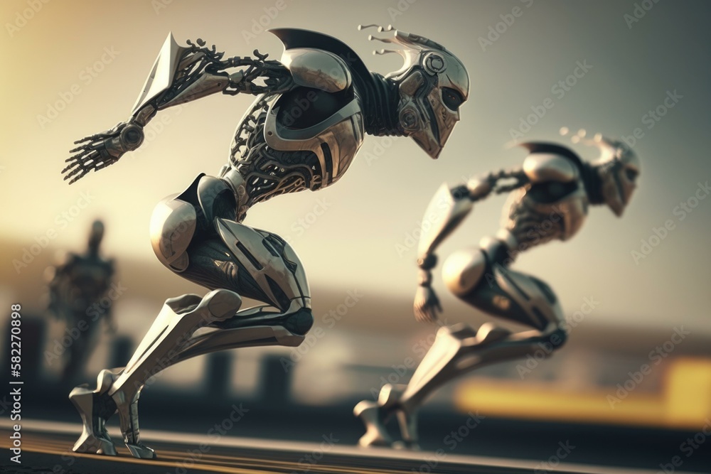 Poster a robot running on a track with a sky background factory animation robotics engineering generative a