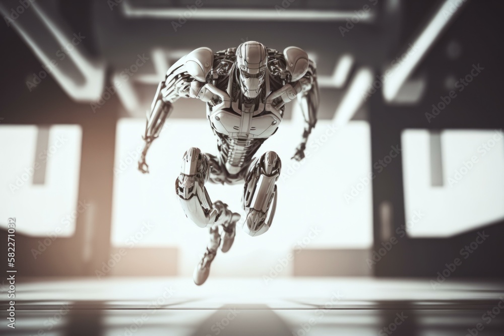 Poster a robot is flying through the air in a futuristic setting factory animation robotics engineering gen